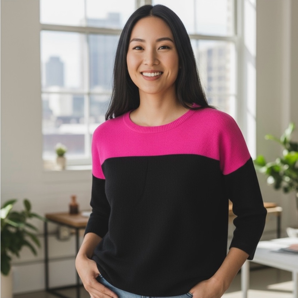 Aqua Women's Crew-Neck Cashmere Knit Magenta /‎ Black 3/4 Sleeve Sweater Top M